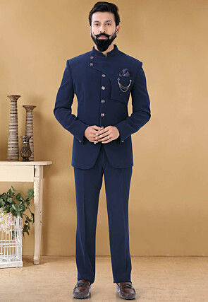 Embroidered Terry Rayon Jodhpuri Suit in Navy Blue : MUY406