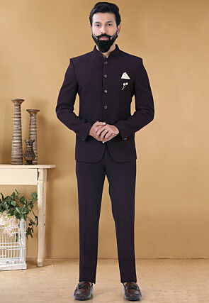 Solid Color Terry Rayon Jodhpuri Suit in Wine