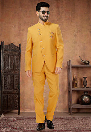 solid color terry rayon jodhpuri suit in yellow v1 muy1654