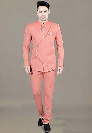 Solid Color Terry Rayon Jodhpuri Jacket in Peach