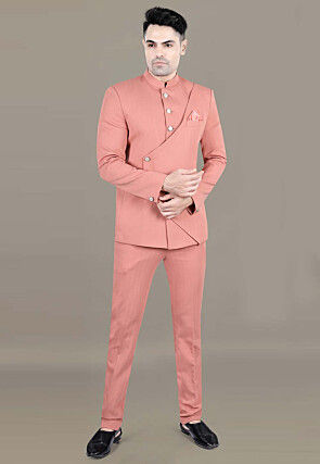 Solid Color Terry Rayon Jodhpuri Jacket in Peach