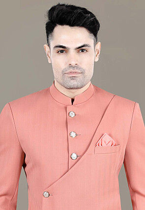 Solid Color Terry Rayon Jodhpuri Jacket in Peach