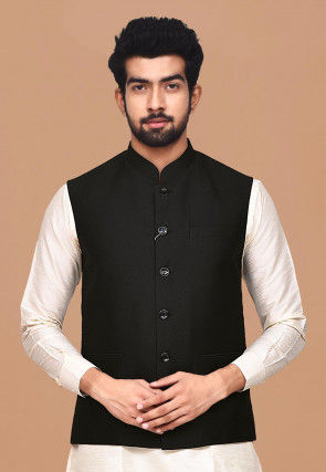 Solid Color Terry Rayon Nehru Jacket in Black