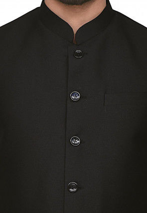 Solid Color Terry Rayon Nehru Jacket in Black