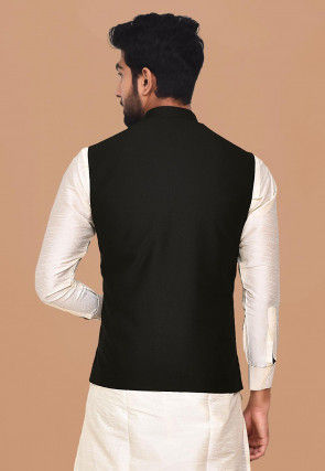 Solid Color Terry Rayon Nehru Jacket in Black