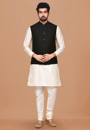 Solid Color Terry Rayon Nehru Jacket in Black