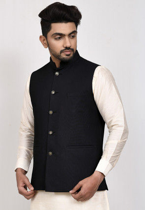 Solid Color Terry Rayon Nehru Jacket in Black