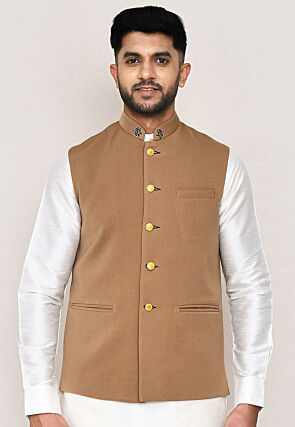 Solid Color Terry Rayon Nehru Jacket in Brown