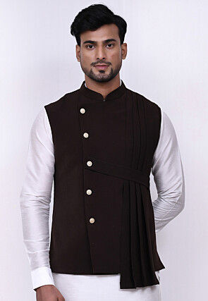 Solid Color Terry Rayon Nehru Jacket in Dark Brown