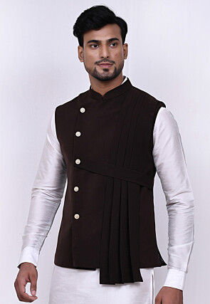 Solid Color Terry Rayon Nehru Jacket in Dark Brown