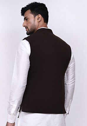 Solid Color Terry Rayon Nehru Jacket in Dark Brown