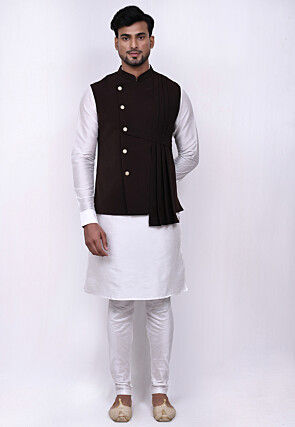 Solid Color Terry Rayon Nehru Jacket in Dark Brown