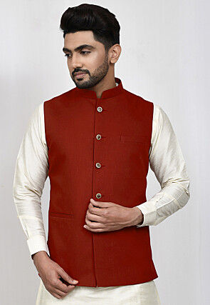 Solid Color Terry Rayon Nehru Jacket in Maroon