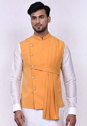 Solid Color Terry Rayon Nehru Jacket in Mustard