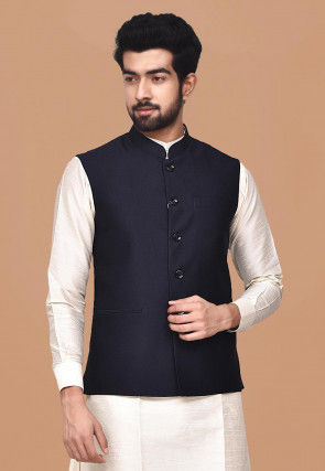 Solid Color Terry Rayon Nehru Jacket in Navy Blue