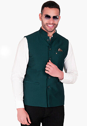 Solid Color Terry Rayon Nehru Jacket in Teal Green