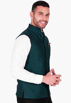 Solid Color Terry Rayon Nehru Jacket in Teal Green