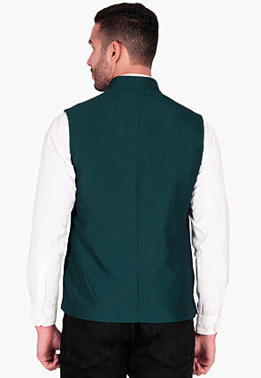 Solid Color Terry Rayon Nehru Jacket in Teal Green