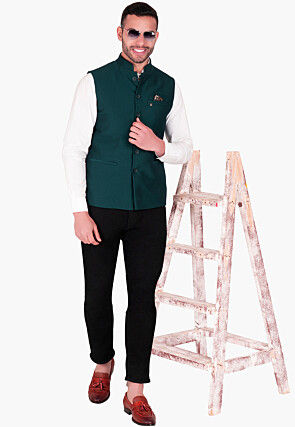Solid Color Terry Rayon Nehru Jacket in Teal Green