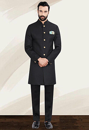 Solid Color Terry Rayon Sherwani in Black