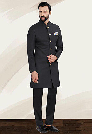 Solid Color Terry Rayon Sherwani in Black