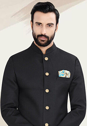 Solid Color Terry Rayon Sherwani in Black