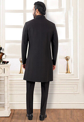 Solid Color Terry Rayon Sherwani in Black