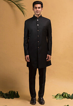 Solid Color Terry Rayon Sherwani in Black