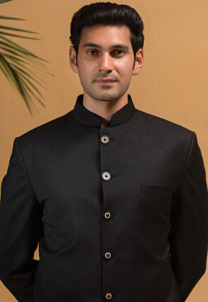 Solid Color Terry Rayon Sherwani in Black