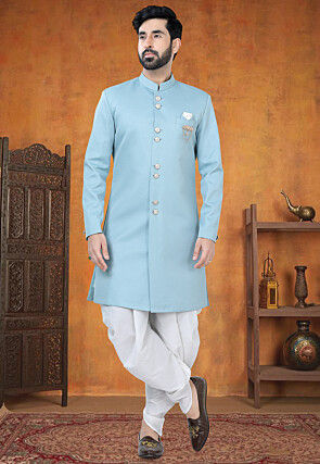 Plain terry rayon dhoti sherwani in navy blue online