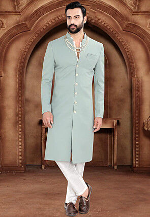 Solid Color Terry Rayon Sherwani in Dusty Green