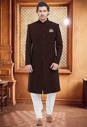 Solid Color Terry Rayon Sherwani in Dark Brown