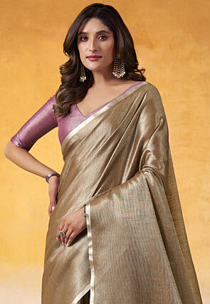 Solid Color Tissue Silk Saree in Antique
