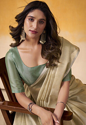 Solid Color Tissue Silk Saree in Beige