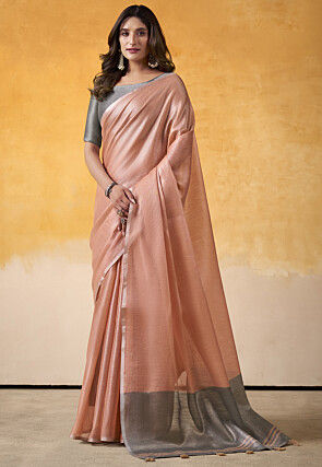 Solid Color Tissue Silk Saree in Peach