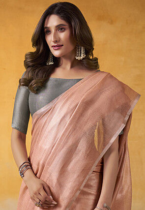 Solid Color Tissue Silk Saree in Peach
