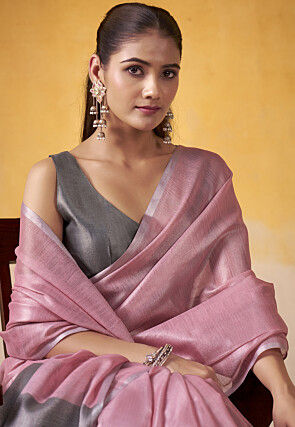 Solid Color Tissue Silk Saree in Pink