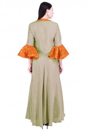 Solid Color Uppada Silk Long Kurta in Light Grey