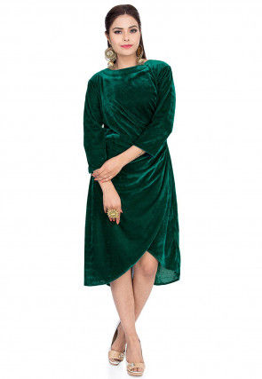 Solid Color Velvet Asymmetric Dress in Green