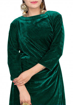Solid Color Velvet Asymmetric Dress in Green