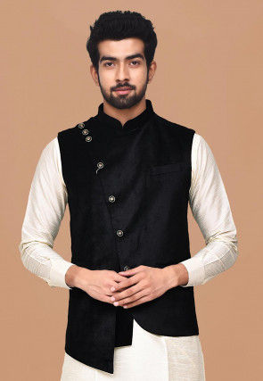 Solid Color Velvet Asymmetric Nehru Jacket in Black