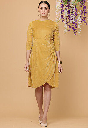 Solid Color Velvet Dress in Light Mustard