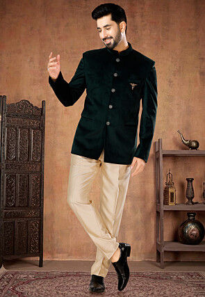 solid color velvet jodhpuri suit in dark green v1 muy1644