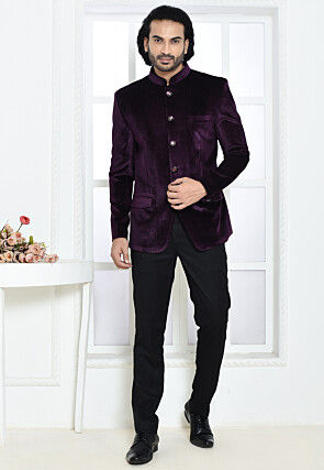 Solid Color Velvet Jodhpuri Suit in Dark Purple