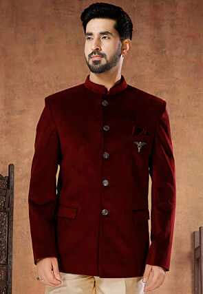 Solid Color Velvet Jodhpuri Suit in Maroon