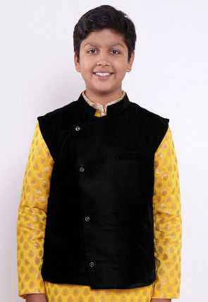 Solid Color Velvet Nehru Jacket in Black