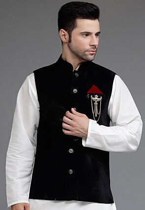 Solid Color Velvet Nehru Jacket in Black