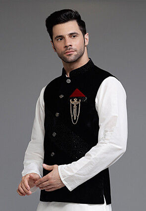 Solid Color Velvet Nehru Jacket in Black