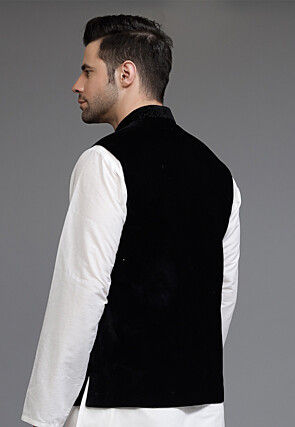 Solid Color Velvet Nehru Jacket in Black