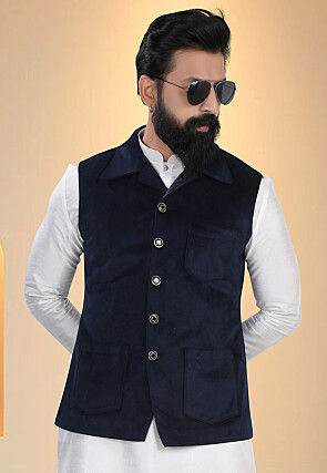 Solid Color Velvet Nehru Jacket in Dark Blue